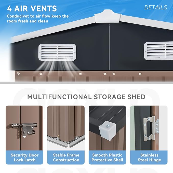 Aoxun 10x12 FT Outdoor Storage Shed - Metal Garden Tool Shed with Lockable Doors & Slooping Roof, Waterproof Outside Storage Shed Ideal for Tools, Garden Equipment & Bikes, Patio Placement(Brown)