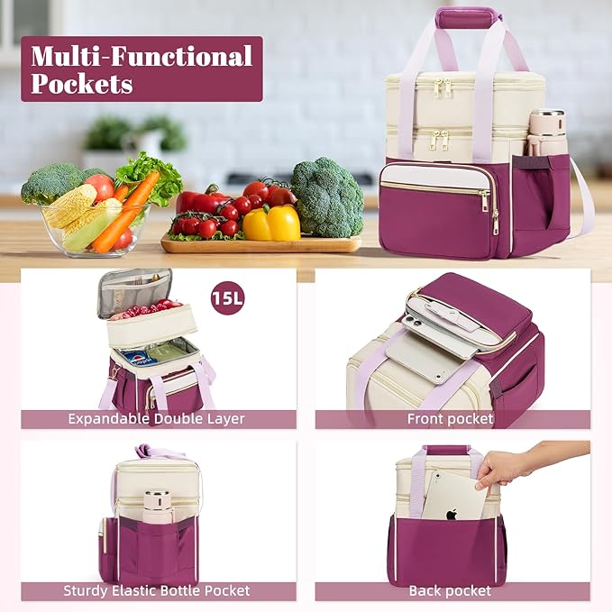Insulated Lunch Bag & Lunch Box for Women - Double Deck Reusable Lunch Bag for men Tote Cooler Bag Leakproof Soft Expandable - Large Lunchbox for Work/Adult/Picnic/Outdoor (Light Purple，15L)