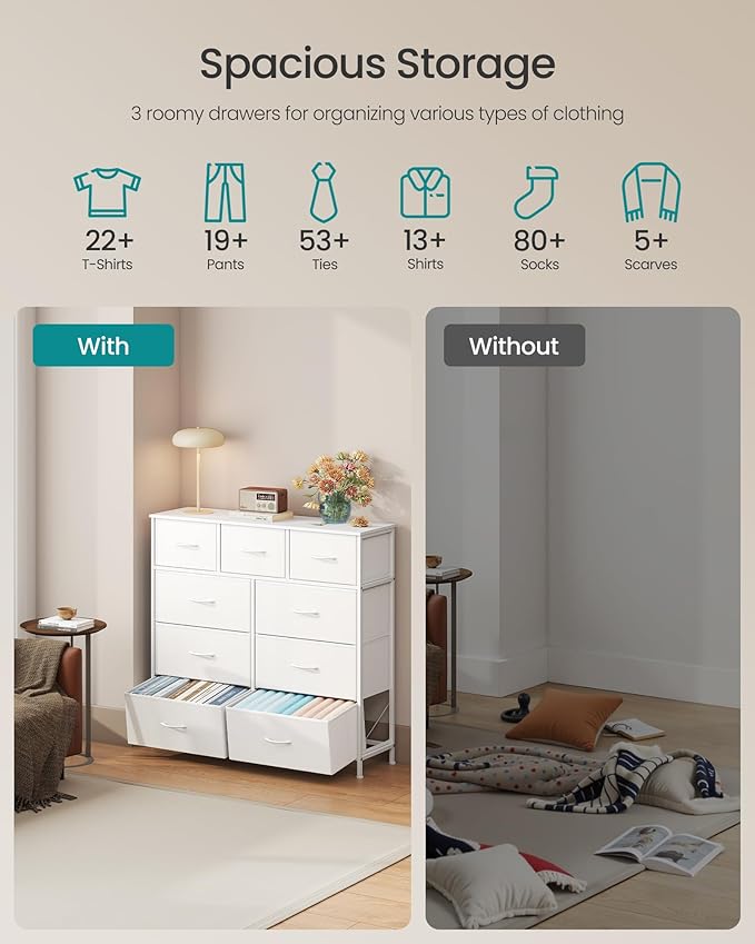 SONGMICS Dresser for Bedroom, Chest of Drawers, Steel, MDF, 9 Non-Woven Fabric Drawers, Storage Organizer Unit, Closet, Entryway, Cloud White and Snow White LGS324W01S