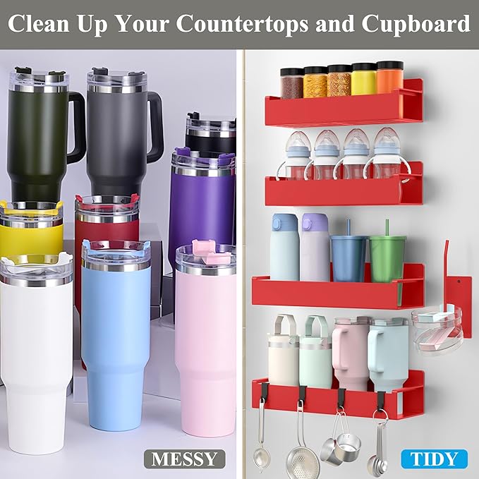 Magnetic Water Bottle Holder for Refrigerator, Cup Holder Organizer for Stanley and Tumbler for Kitchen, 4 Pack, Red