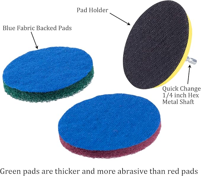 Kichwit 5 Inch Drill Powered Brush Tile Scrubber Scouring Pads, 2 Different Stiffness, 5-Inch Pad Holder with 6 Scrubbing Pads, Cleans Large Flat Areas Perfectly (Drill NOT Included)