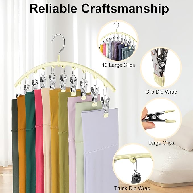 Legging Organizer for Closet, Metal Yoga Pants Hangers 2 Pack w/10 Clips Holds 20 Leggings, Space Saving Hanging Closet Organizer w/Rubber Coated Closet Organizers and Storage, Ivory