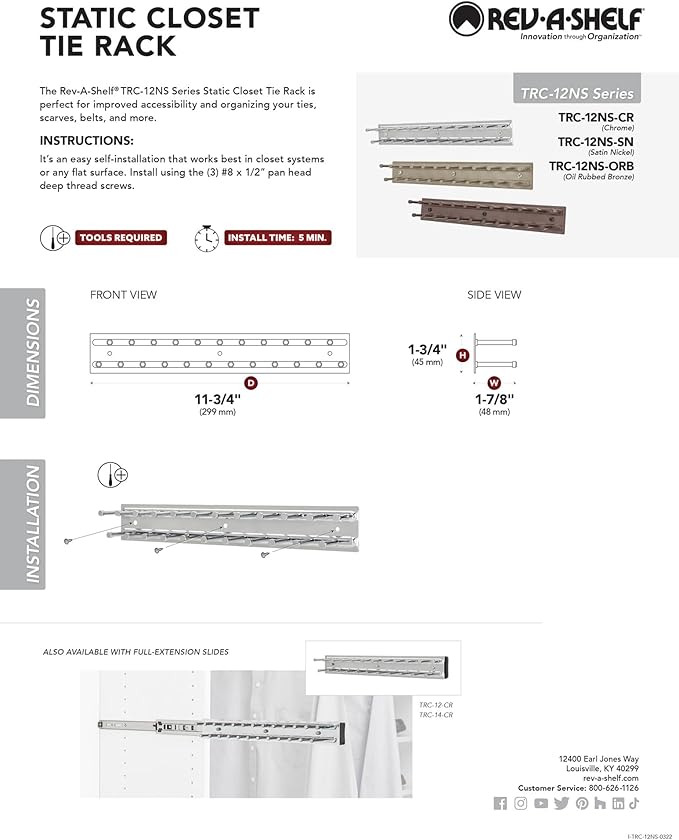 Rev-A-Shelf TRC-12NS Classic Closet 11-3/4" Static Stationary Tie Rack Organizer for 23 Ties, Belts, Scarves - for Custom Closet Systems - Chrome