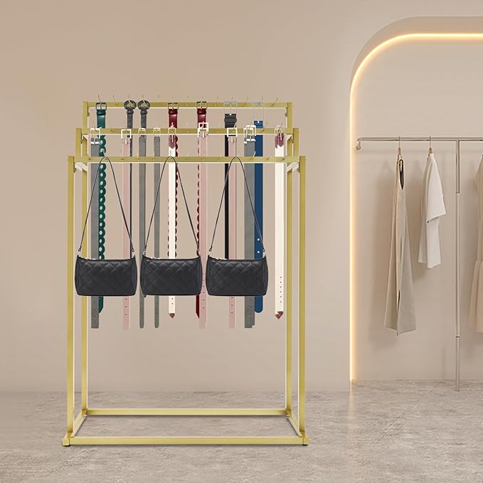 Belt Hanger, 3 Tier Freestanding Belt Display Rack with 39 Hooks, Tie Racks Belt Organizer Purse Hangers, Floor Mounted Retail Display for Belts, Ties, Scarves (Gold)
