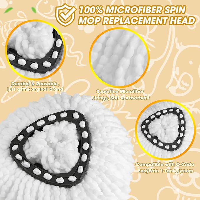 3 Pack Mop Heads Replacements, Spin Mop Replacement Heads Compatible O-Ceda EasyWring 1-Tank System, Microfiber Mop Refills, Easy Cleaning Mop Replace Head