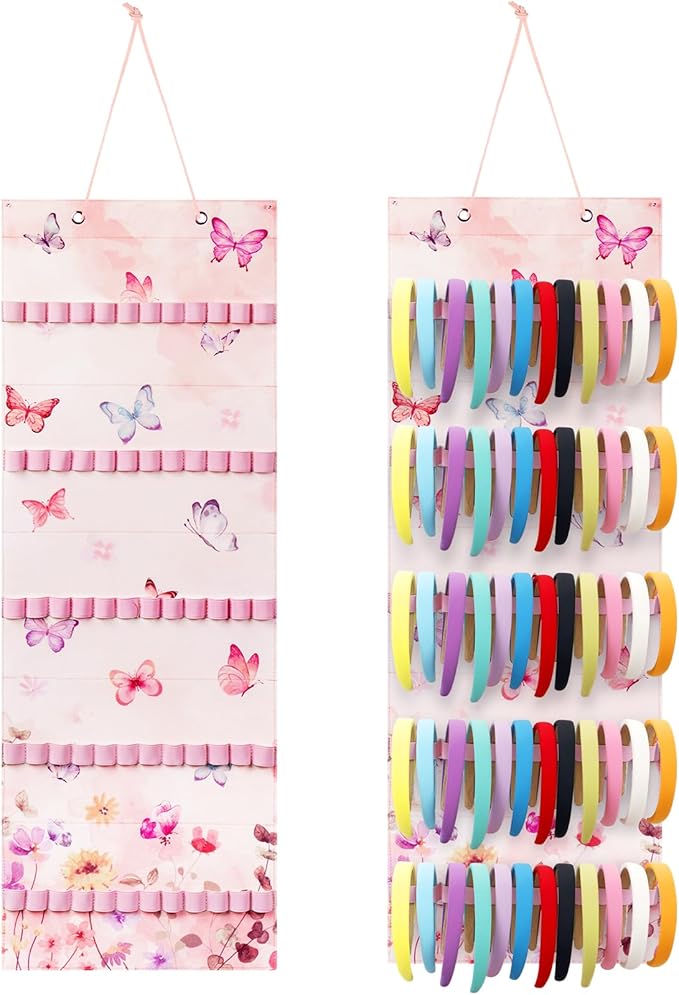 Tudomro Hanging Headband Holder for Girls Felt Hair Accessories Organizer with 60 Elastic Bands Bow Hanger for Girls Hair Bows Without Headbands(Butterfly,Pink, Purple)