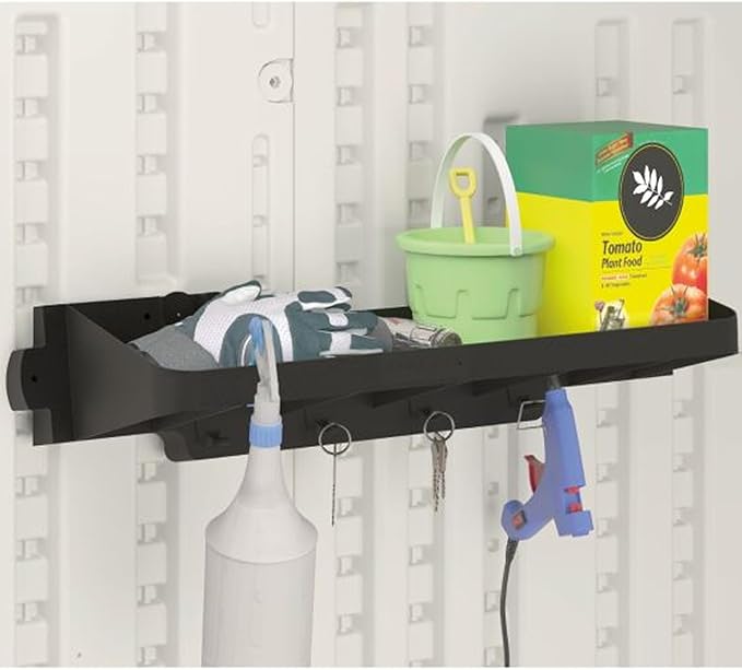 Suncast 25" x 8" x 5.5" Resin Shelf Accessory with Storage Hooks and EZ Bolt Assembly for Select Outdoor Shed Models, Black (2-Pack)