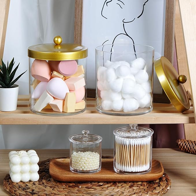 2 Pack 50 Ounce Large Clear Apothecary Jar with Gold Rust-Proof Lid - Shatterproof Plastic Storage Canister - Modern Luxury Bathroom Vanity & Laundry Room Organizer for Pods, Bath Salts