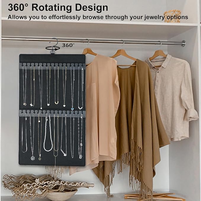 Dual Sided Hanging Jewelry Organizer with Hanger for Closet,Tangle Free Felt Necklace Earring Holder for 300 Earrings & 30 Necklaces Over Door University Dorm, Gift Ready Black (1 Pack)