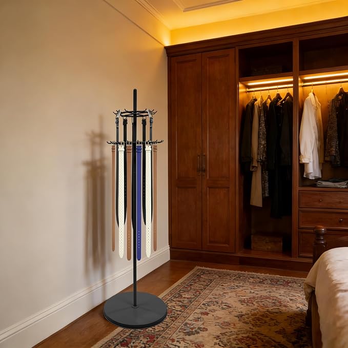 Tie Rack, Belt Organizer Display Stand, Rotating Accessory Holder, 2-Tier 31 Hooks Design, Heavy Duty Storage Solution, Perfect for Closet Retail Boutique Store Use, Modern Black Metal Construction