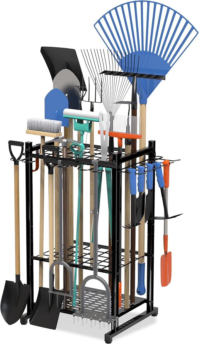 Garden Tool Organizer Rack Up to 50 Tools, Heavy-Duty Steel Yard Tool Organizer for Garage Storage with 11 Hooks, Broom Holder & Garden Tool Rack for Shed, Patio, Outdoor Use, Black