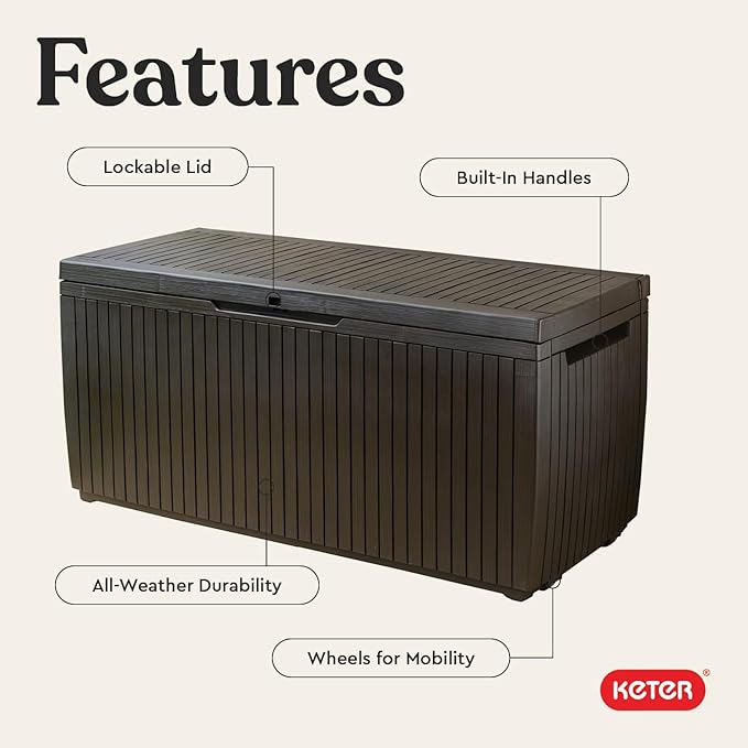 Keter Springwood 80 Gallon Resin Outdoor Storage Box for Patio Furniture Cushions, Pool Toys, and Garden Tools with Handles, Brown