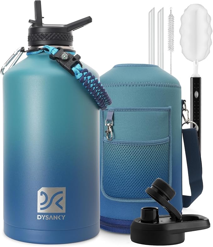 1 Gallon Insulated Water Bottle | Upgraded Thickened Stainless Steel Metal Portable Sports Large Water Jug for Gym and Hiking with Carrier Bag, Handle Strap | BPA-Free 128 oz