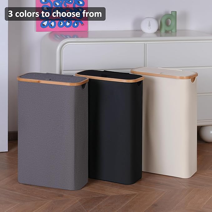 Slim Laundry Basket,60L Laundry Hamper with Lid, Tall Hamper for Laundry,Dirty Cloth Hamper with Bamboo Handle for Toys,Towels, Clothes Organizing,Pink