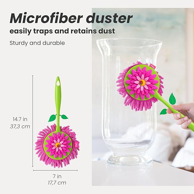 Vigar Flower Power Microfiber Duster with Comfortable Non-Slip Handle, Detachable Washable Duster Head, Green and Pink
