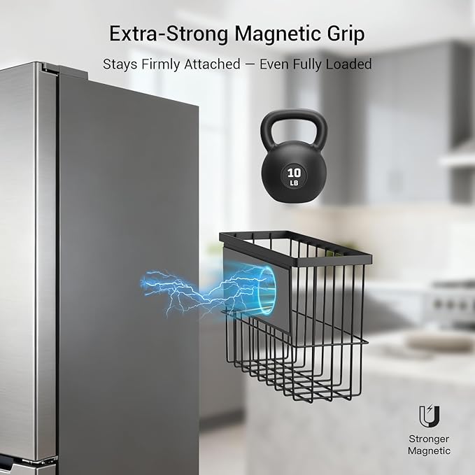 FAMNONE 1 Pcs Magnetic Basket Fridge Dryer Ball Holder for Laundry Room Organization and Storage, Magnetic Lint Bin Home Organization for Laundry Room, Kitchen & Office Class School (Black, L-1pcs)