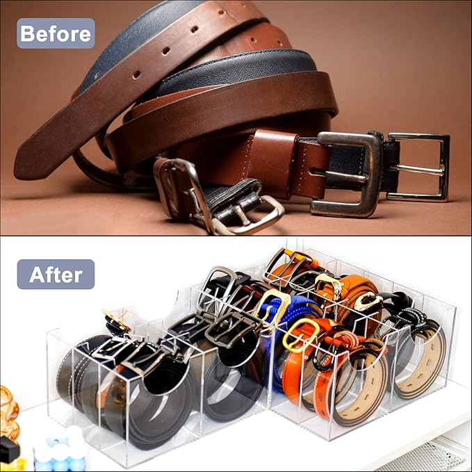 Acrylic Belt Organizer - 14 Compartment Clear Display Case for Closet and Drawer