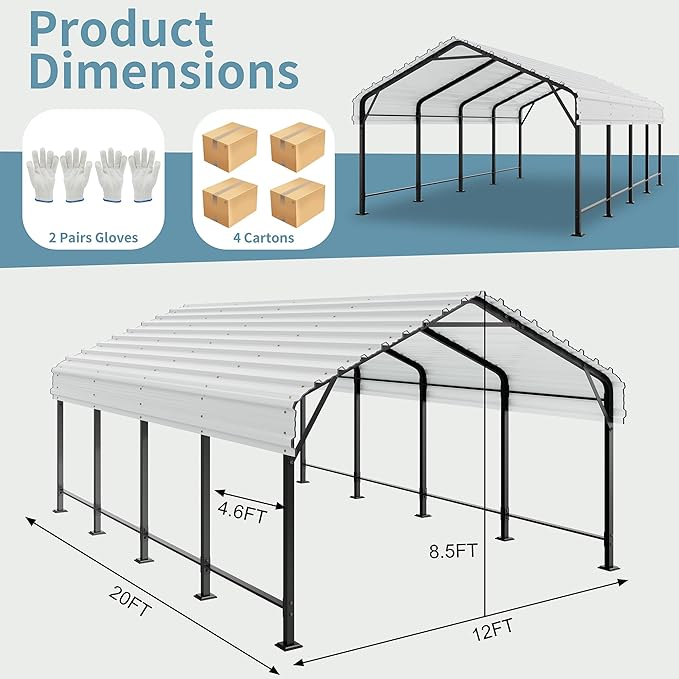 Shintenchi 12x20 FT Metal Carport, Oversized Carport Garage with Enhanced Base, Outdoor Galvanized Car Shelter, Heavy Duty Carports Canopy, for Car, Boats and Tractors, White