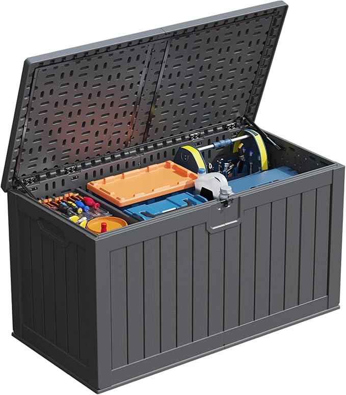 Patiowell 230 Gallon Large Outdoor Storage Box, Waterproof Deck Box with Fixed Divider, Lockable and Durable Patio Storage Solution for Patio Furniture and Garden Tools, Black