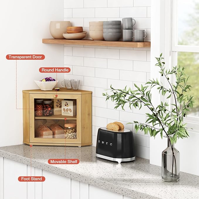 Bamboo Corner Bread Box for Kitchen Counter, 2 Tier Bread Keeper Wooden Round, Farmhouse Bread Storage Bin for Kitchen Countertop, Counter Organizer for Bread, Cup, Fruit, Spice, Snack