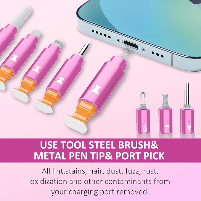 Ordilend for iPhone Cleaning Kit for Charging Port Cleaner, Multi-Tool iPhone Cleaner Repair Lightning Cable, Cell Phone Cleaning Kit for iPad, Connector, Speaker, Airpod with Storage Case, Pink