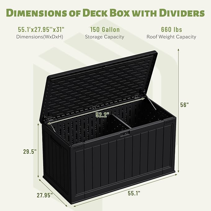 Patiowell 150 Gallon Large Outdoor Storage Box, Waterproof Deck Box with Fixed Divider, Lockable and Durable Patio Storage Solution for Patio Furniture and Garden Tools (Black)