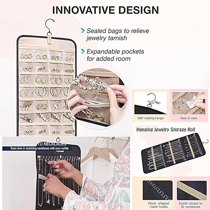 Hanging Jewelry Organizer Storage Roll- Closet Wall Jewelry Organizer Hanging with Hanger Metal Hooks Travel Jewelry Holder for Earrings, Necklaces, Rings (Black) (Pink)