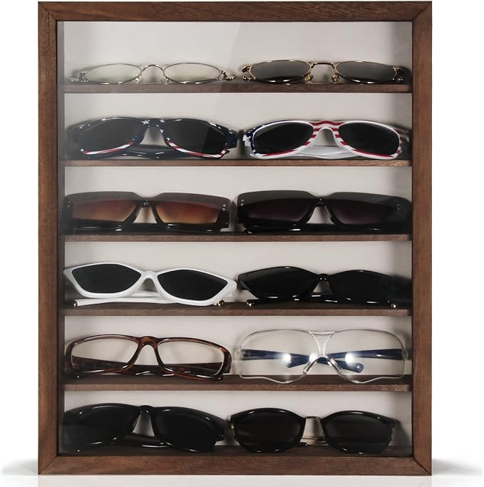TJ.MOREE Sunglasses Organizer Storage Wall Mounted: 13 x 15.6 inches Eyewear Display Case Rustic Wood Eyeglasses Holder Large Glasses Storage Box, Brown