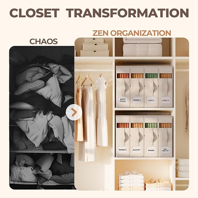 6Pack Linen Sheet Organizers and Storage - King/Queen Size Sheet Storage Organizer with Window, Foldable & Dustproof Sheet Organizer for Linen Closet for Summer Blankets & Sheet Sets,Off-white