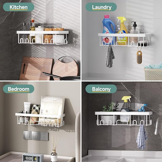 Veken 6-Pack Rustproof&Waterproof Shower Caddy, Adhesive Shelves Rack with Soap Holder, Large Bathroom & Washroom Organizer, No Drilling Wall-Mounted Kitchen&Home Decor,Ideal for Bathtub Storage,White