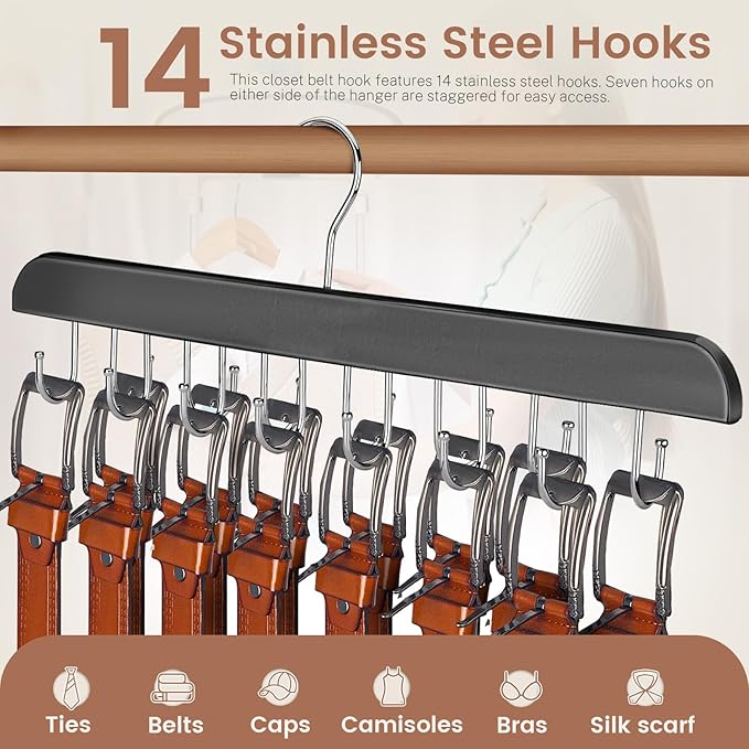 Solid Wood Belt Hanger, 14 Hooks Belt Organizer Space Saver for Closet, 360° Rotating Belt Holder Tie Rack for Men Women Dorm Bra Purse Scarf Tank Top Storage Accessories (Black)