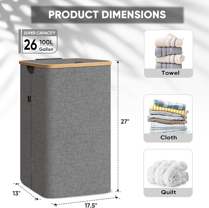 BALEINE Laundry Hamper with Lid, Tall Laundry Baskets with Bamboo Pull Handles, Large Laundry Bin with Internal Support (26 Gal/100L, Beige) (Pack of 2)