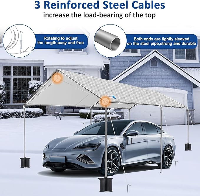 10x20 ft Heavy Duty Car Canopy Galvanized Frame Carport Outdoor Party Tent Boat Shelter with Reinforced Structure, No Sidewall - Light Grey