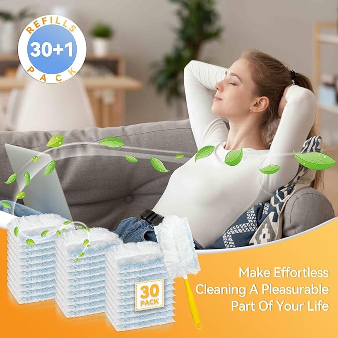 30 Pack Dusters Refills Compatible with Swiffer Duster Handle Models, 180° One Sided Duster Refills for Short and Extendable Handles, with 1 Pack Handle