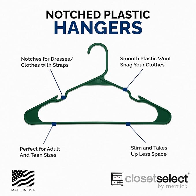 Plastic Hangers 50 Pack - Space Saving Clothes Hangers, Made in USA, Durable & Strong Plastic Shirt & Coat Hanger with Notches & Shoulder Grooves, Non-Slip Clothing Hangers | Carpet Green