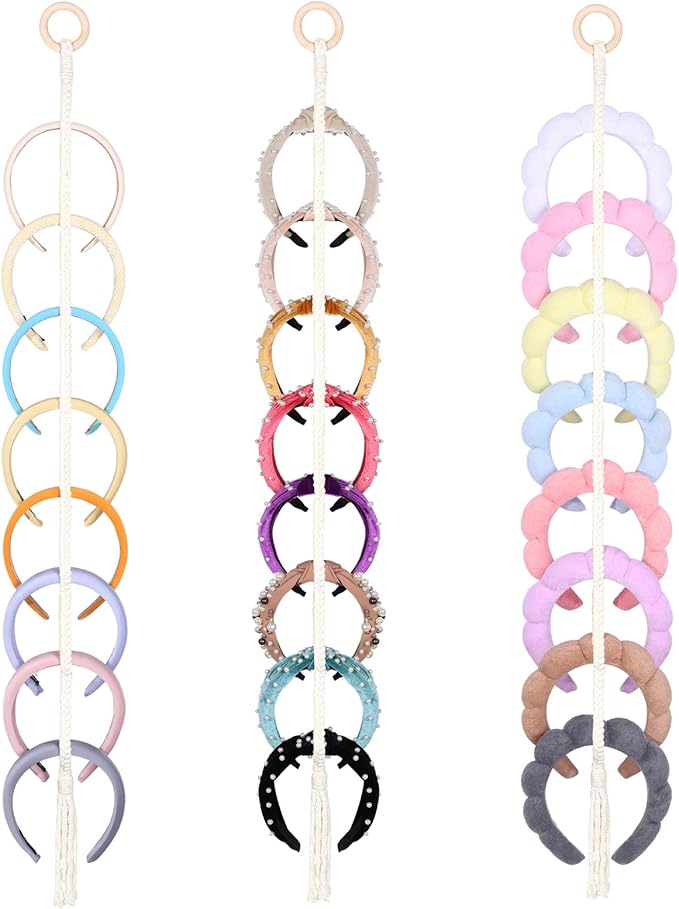 3 PCS Headband Holder Organizer for Girl,Hanging Hairband Storage for Women,Beige Hair Hoop Display Hair Accessories Organizer Bedroom College Dorm Decor(Beige Beads)