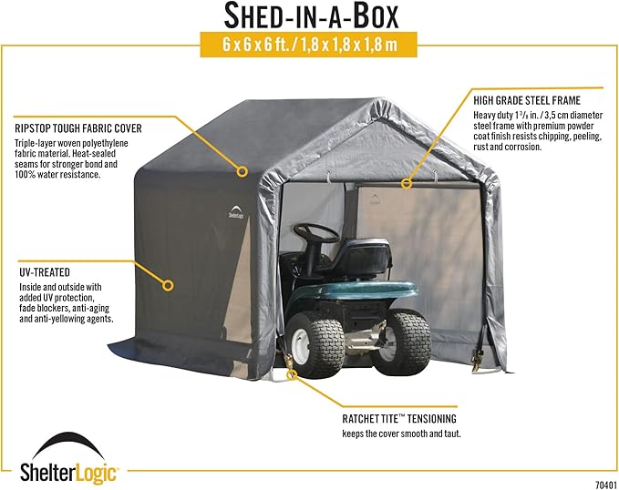 ShelterLogic 6' x 6' Shed-in-a-Box All Season Steel Metal Peak Roof Outdoor Storage Shed with Waterproof Cover and Heavy Duty Reusable Auger Anchors, Grey