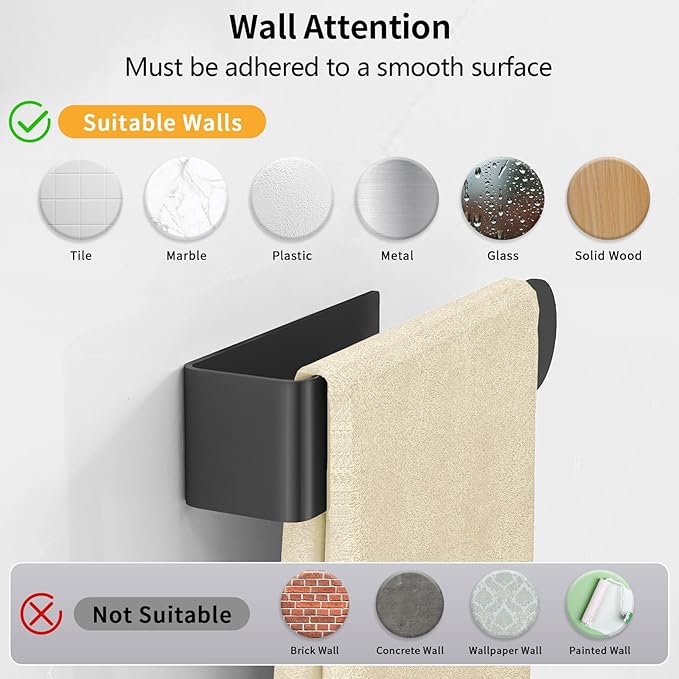 Adhesive Towel Holder, Self Adhesive Hand Towel Racks for Bathroom Wall Mounted, 8 Inch Square Hand Towel Bar Stick on Wall for Kitchen Cabinet RV, Black