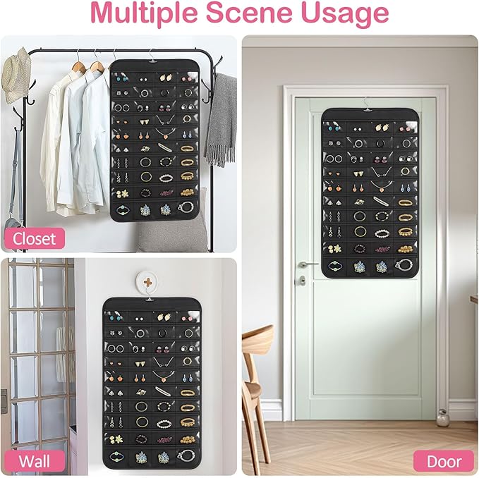 Hanging Jewelry Organizer for Closet with Swiveling Hanger, 17 x 30 In, 80 Clear Pockets Jewelry Organizer Hanging for Jewelries, Earrings, Accessories (Beige) (3, Black)