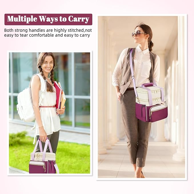 Insulated Lunch Bag & Lunch Box for Women - Double Deck Reusable Lunch Bag for men Tote Cooler Bag Leakproof Soft Expandable - Large Lunchbox for Work/Adult/Picnic/Outdoor (Light Purple，15L)