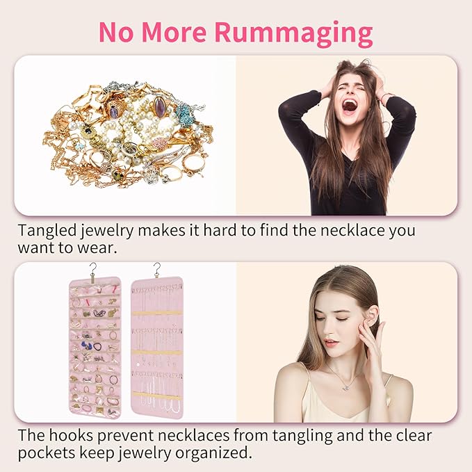 Bloss Hanging Jewelry Organizer with 48 Pockets, Double-Size Hanging Jewelrys Holder with Hanger Hooks, Jewelry Organizers and Storage for Earrings, Necklaces and Rings,Pink