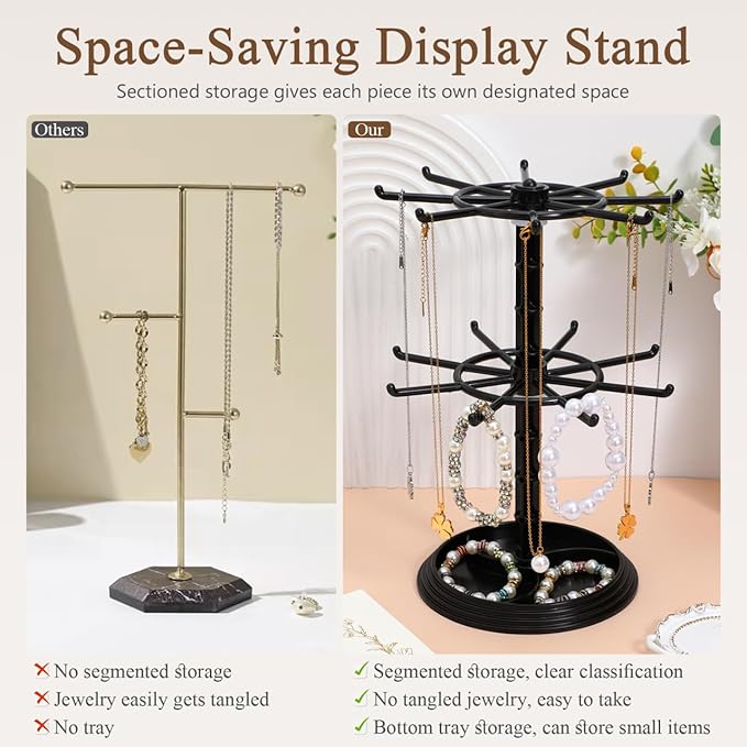 FRCOLOR Rotating Hanger Storage Stand with 16 Hooks for Keychains Bracelets Hair Ties Small Accessories Organizer Desktop Display Rack 8X12X8 Inches
