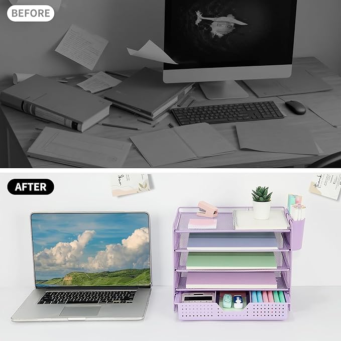Desk Organizers and Accessories, 5-Tier Paper Letter Tray Organizer with Drawer & 2 Pen Holders, Desktop Organizer for Office Supplies (Purple)