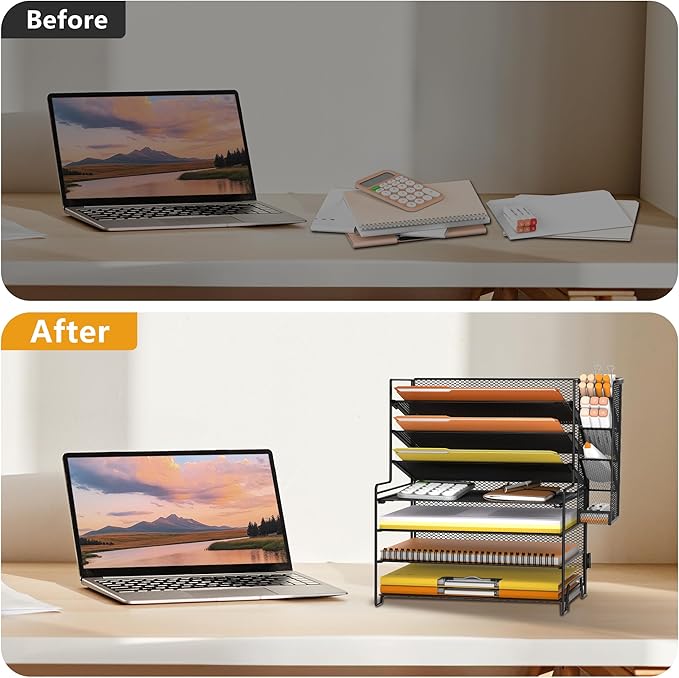 SUPEASY 7 Tier Desk Organizer, 4 Tier Paper Organizer + 3 Tier File Holder with Pen Holder, Desk Organization and Storage for Home Office, Black