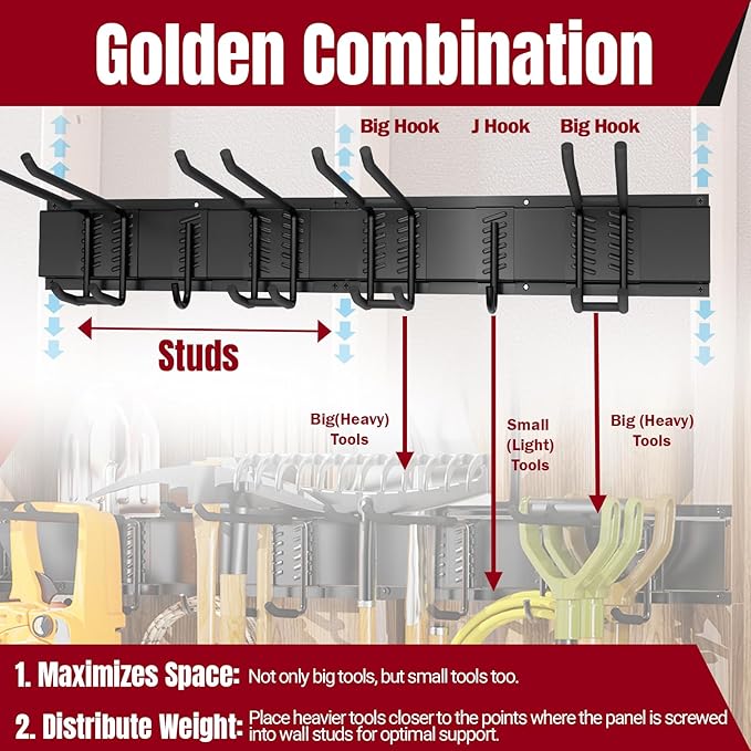 99" Garage Tool Organizer Wall Mount, 8 Multi-Size Hooks & 4 Extension Straps, Heavy Duty Wall Mount Garage Storage Rack, Tool Hanger for Shovels, Rakes, Fits 16" Wall Studs