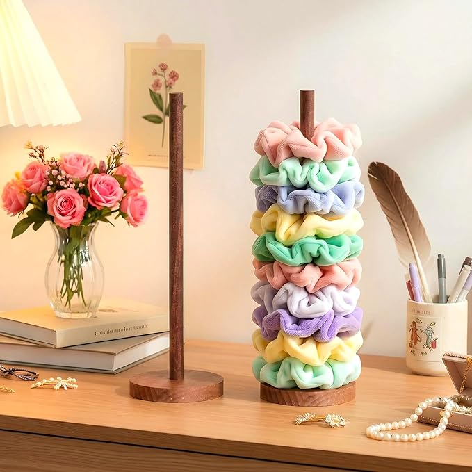 2 Pcs Scrunchie Holder Stand Hair Tie Organizer Vertical 15-20 Scrunchies Hairs Accessories Organizer Display Scrunchy Wood Hair Tie Holder Storage for Women Bathroom Bedroom Decor (Walnut wood, large)