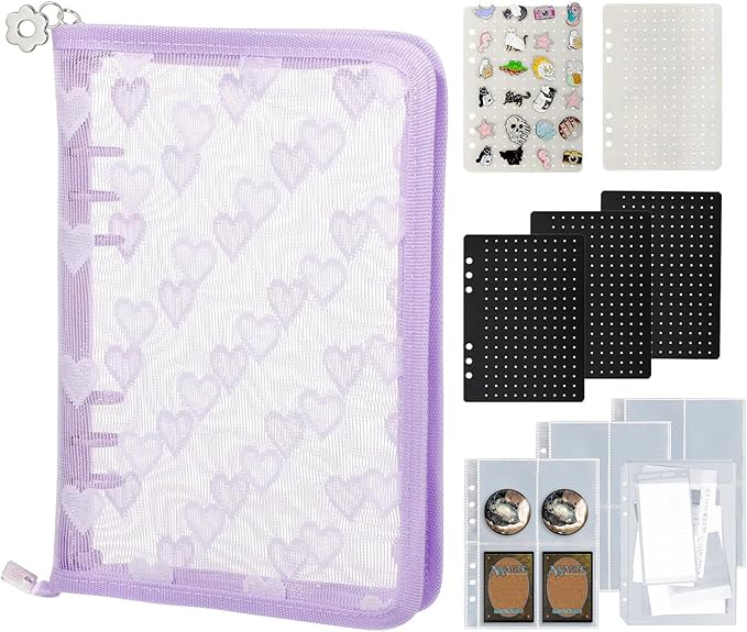 Enamel Pin Display Book Collection Trading Book Portable Brooch Pins Holder Storage Organizer Case Zippered (Purple Heart Lace)