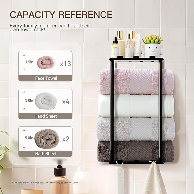 Towel Racks for Bathroom Towel Holder with Shelf & 6 Hooks Wall Mounted Towel Storage Rack for Rolled Towels Organizer, Sturdy Metal Towel Shelf, Black