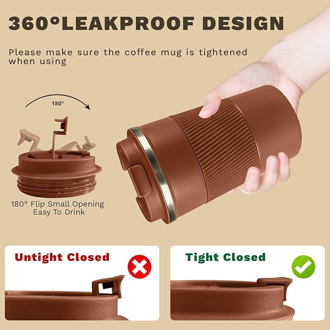 Vacuum-Insulated Stainless Steel Travel Coffee Mug, Leak-Proof Reusable Coffee Cup with Lid-Keep Hot & Cold Drinks for Hours, Durable Insulated Tumbler for Men & Women(3rd-Light Coffee, 12OZ)