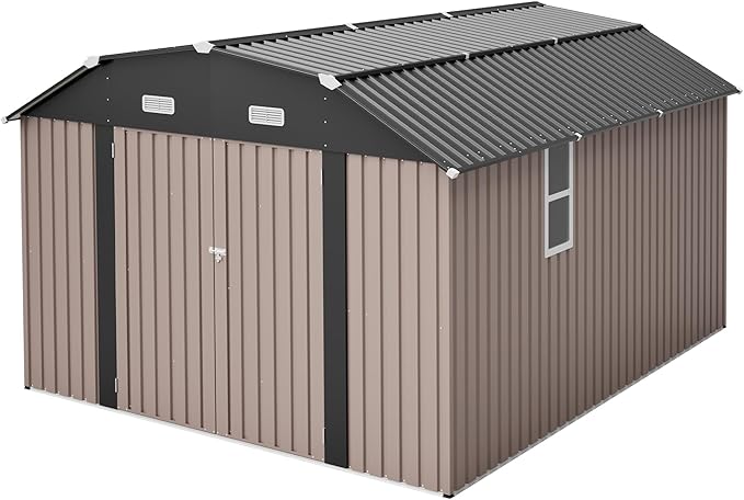 10×12 FT Outdoor Storage Shed,Heavy-Duty Metal Shed with Floor Base,All Weather Waterproof Tool Shed W/Diamond Roof & Windows,Lockable Double Door & 4 Air Vents,for Backyard,Patio,Lawn,Brown